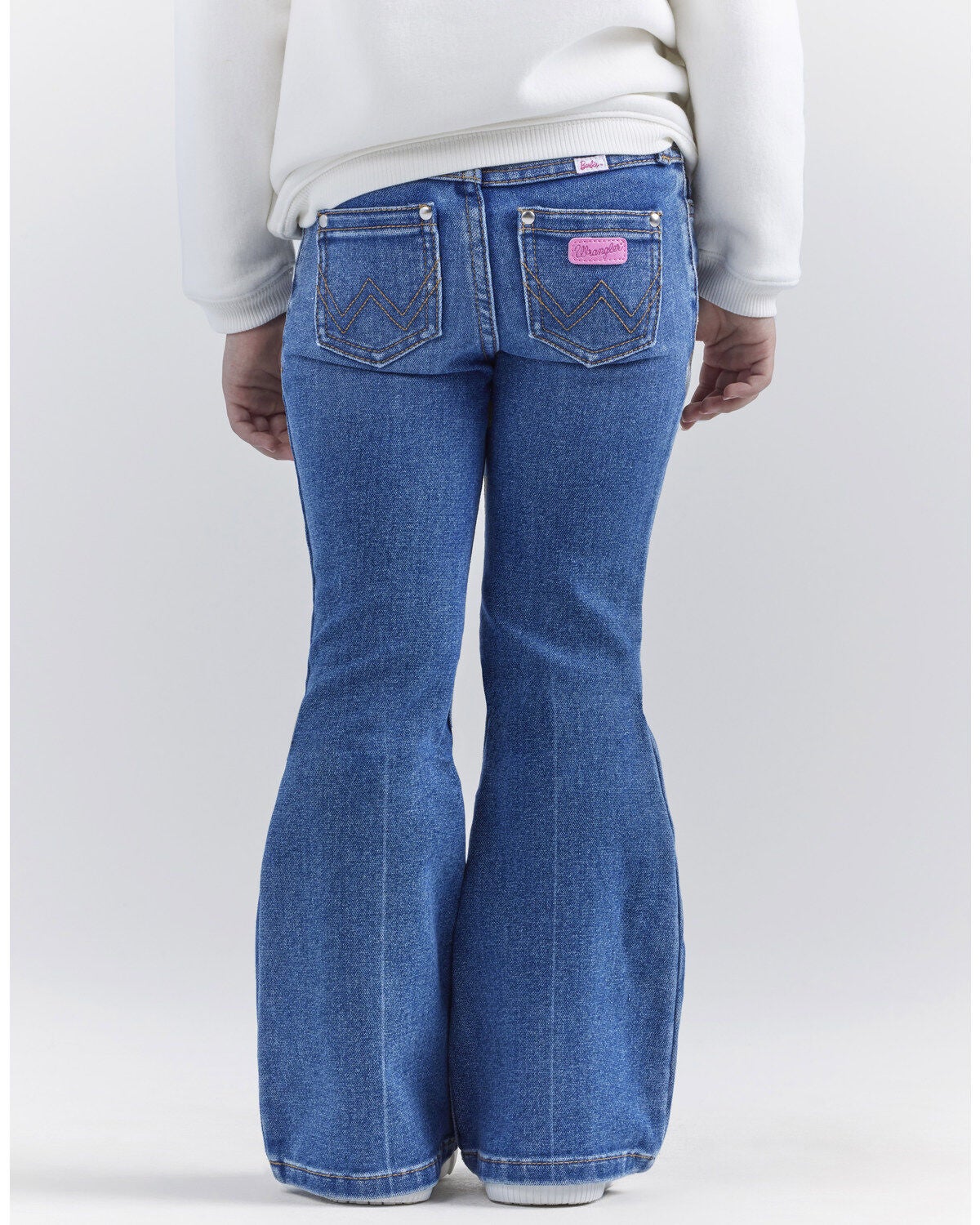 Image #4 - Wrangler&reg; X Barbie&trade; Girls' Medium Wash Mid Rise Pink Patch Stretch Flare Jeans, Medium Wash, hi-res
