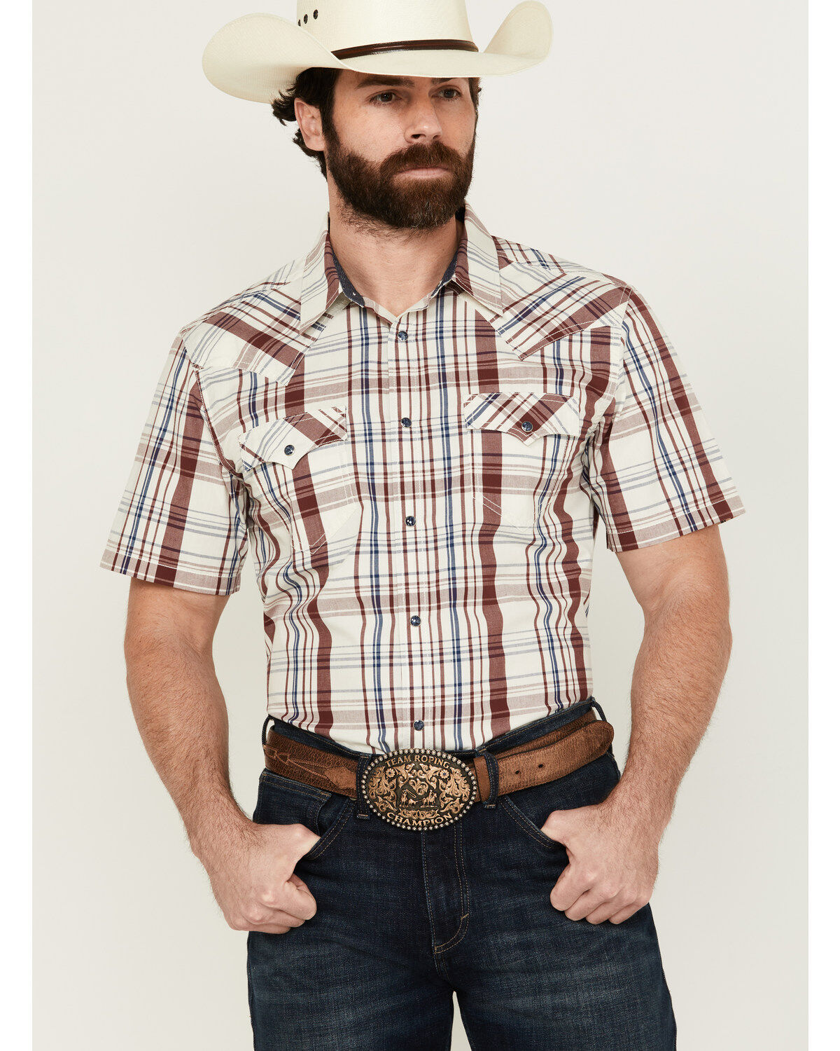 Image #1 - Cody James Men's Festive Plaid Print Short Sleeve Snap Western Shirt, , hi-res