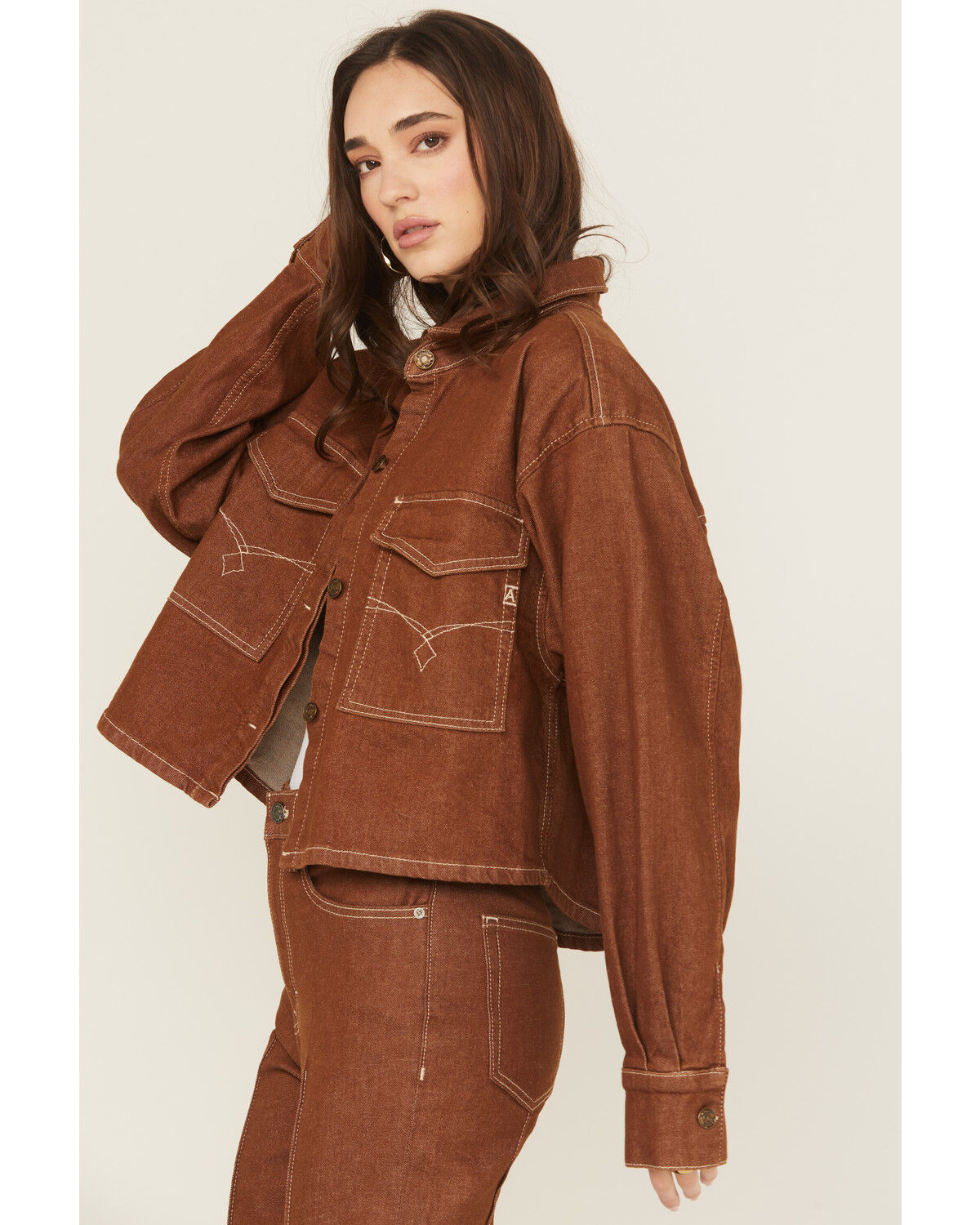 Image #2 - Ariat Women's Long Sleeve Boxy Cropped Denim Shirt, Brown, hi-res