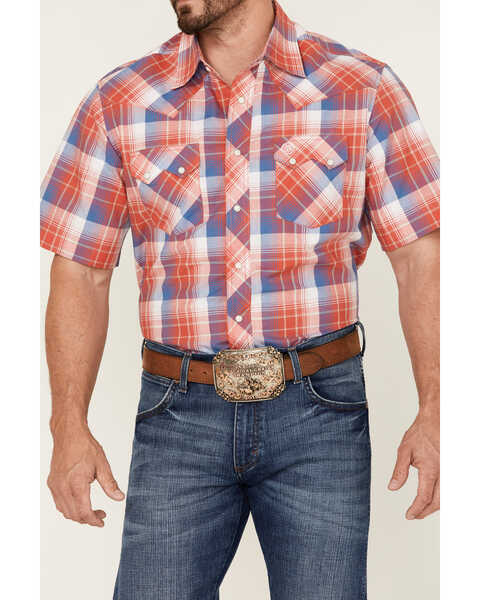 Wrangler Retro Men's Plaid Short Sleeve Snap Western Shirt , Red, hi-res