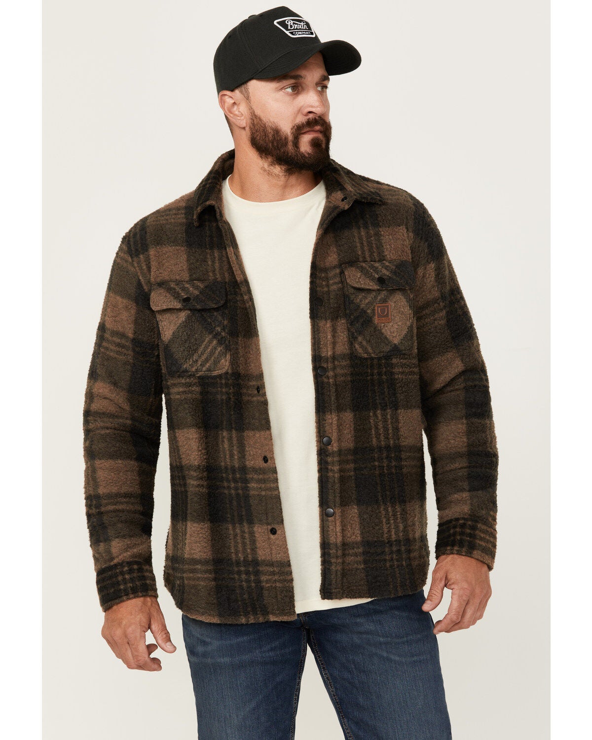 Brixton Men's Bowery Arctic Plaid Print Long Sleeve Snap Stretch Shirt Jacket, Black, hi-res