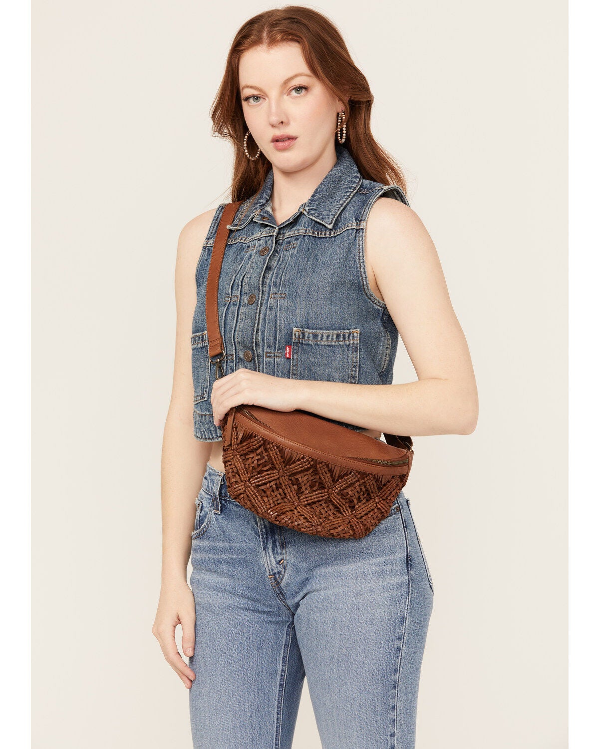 Shyanne Women's Western Heritage Woven Leather Sling Bag, Brown, hi-res