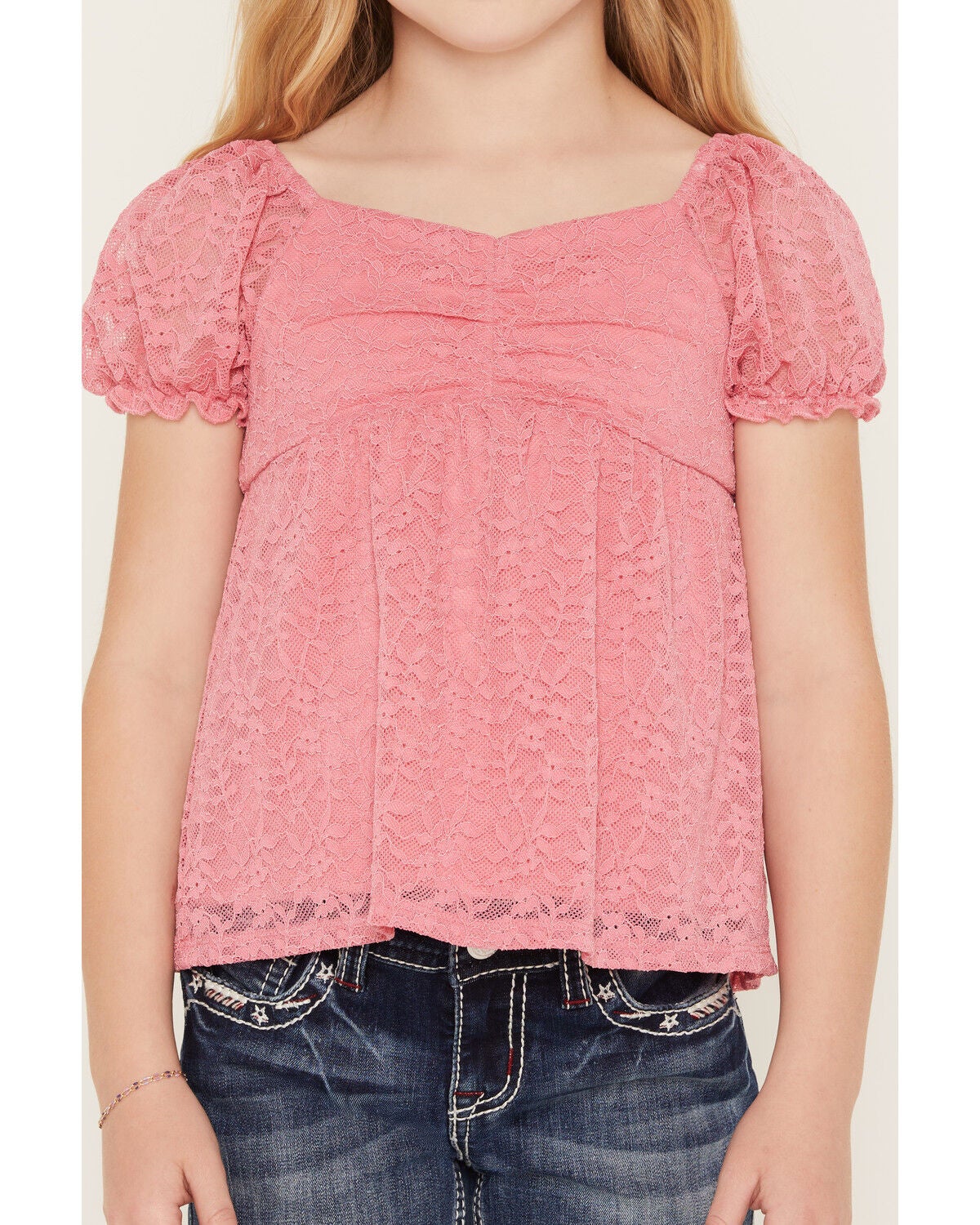 Image #3 - Sugar California Girls' Lace Short Puff Sleeve Shirt, Pink, hi-res