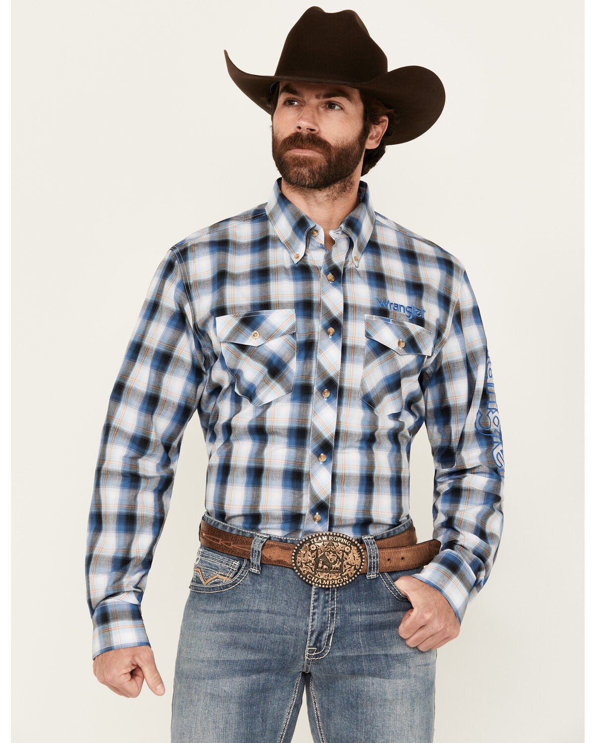 Wrangler Men's Logo Plaid Print Long Sleeve Button-Down Western Shirt, Blue, hi-res