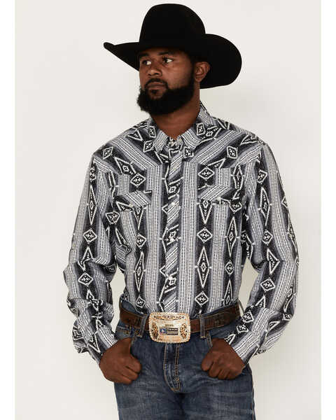 Image #1 - Rock & Roll Denim Men's Tek Southwestern Print Long Sleeve Pearl Snap Western Shirt, Charcoal, hi-res