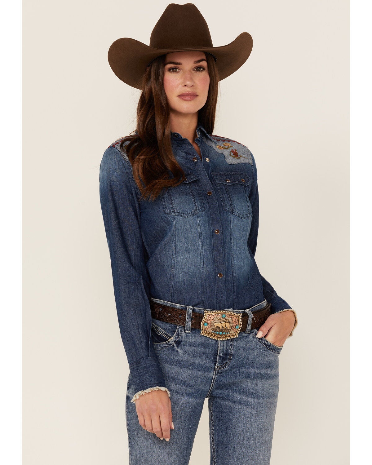 Tasha Polizzzi Women's Arizona Denim Embroidered Shirt, Blue, hi-res