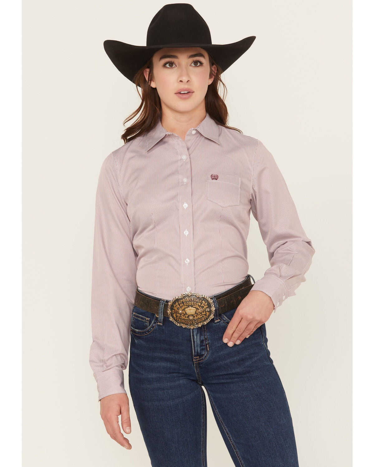 Cinch Women's Striped Print Long Sleeve Button-Down Stretch Wester Shirt, Pink, hi-res