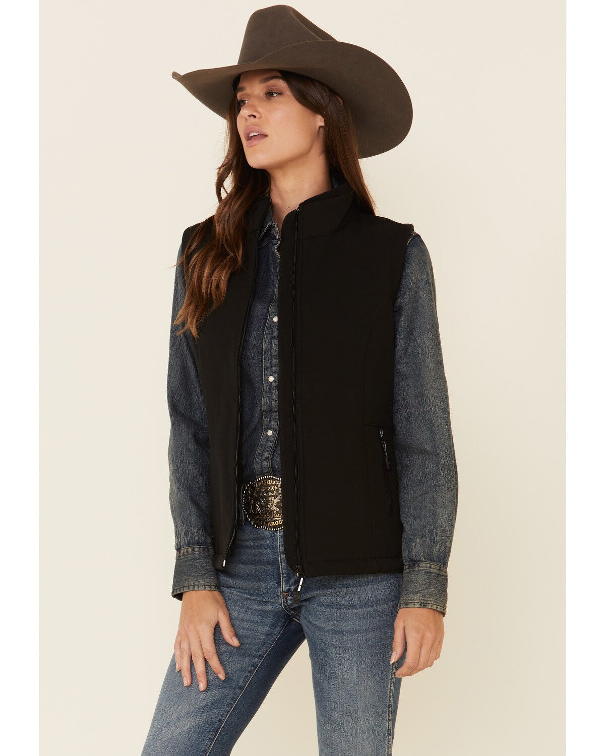Image #1 - Roper Women's Black Softshell Bonded Fleece Lined Vest, , hi-res