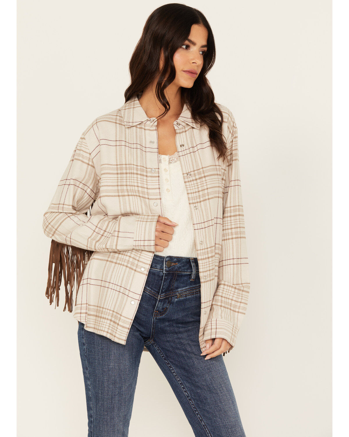 Image #2 - Idyllwind Women's Kingfish Fringe Flannel Shirt, Stone, hi-res