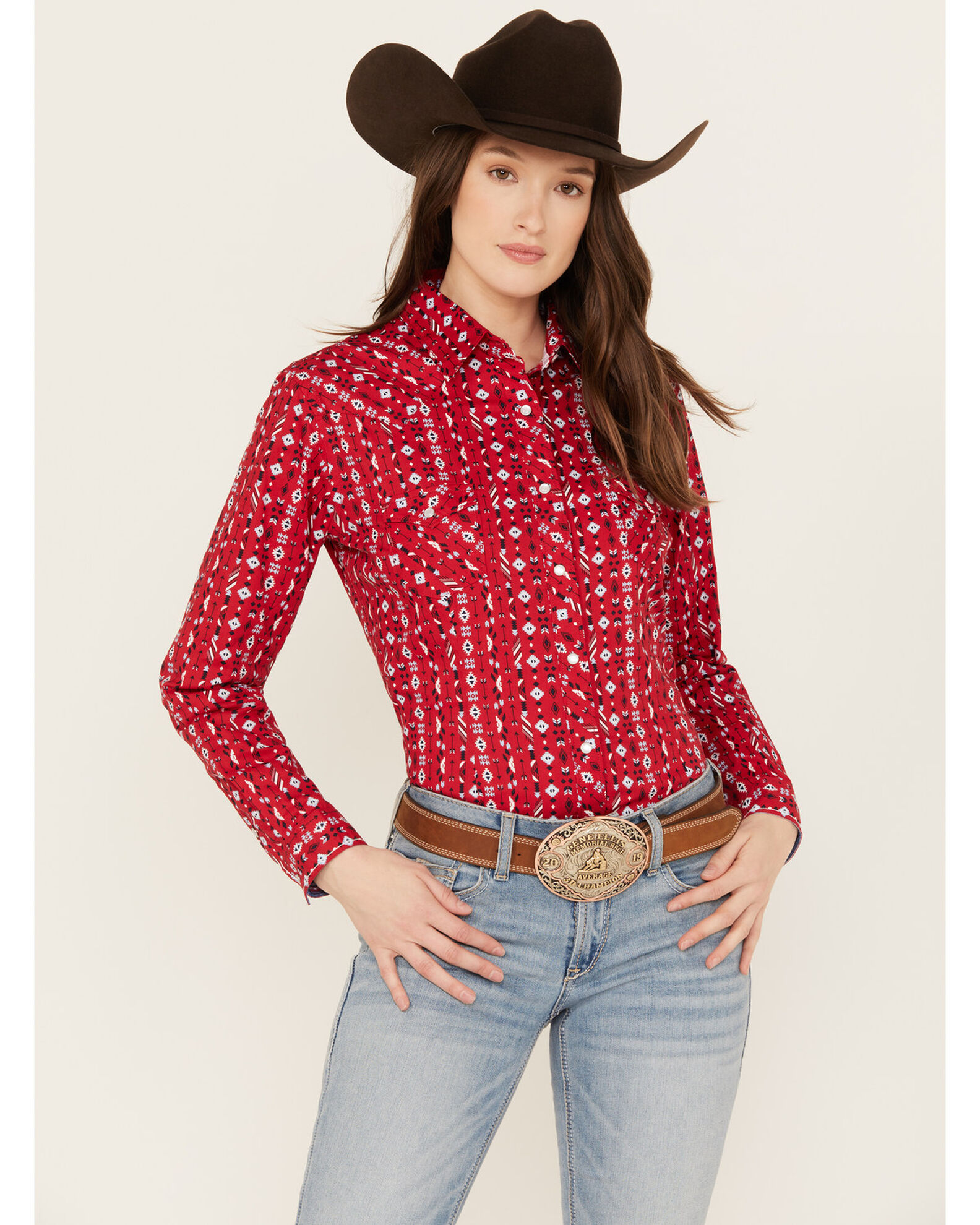 Product Name Rough Stock by Panhandle Women s Southwestern Print Long Sleeve Stretch Pearl Snap Western Shirt