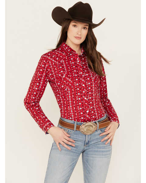 Rough Stock by Panhandle Women's Southwestern Print Long Sleeve Stretch Pearl Snap Western Shirt, Red, hi-res