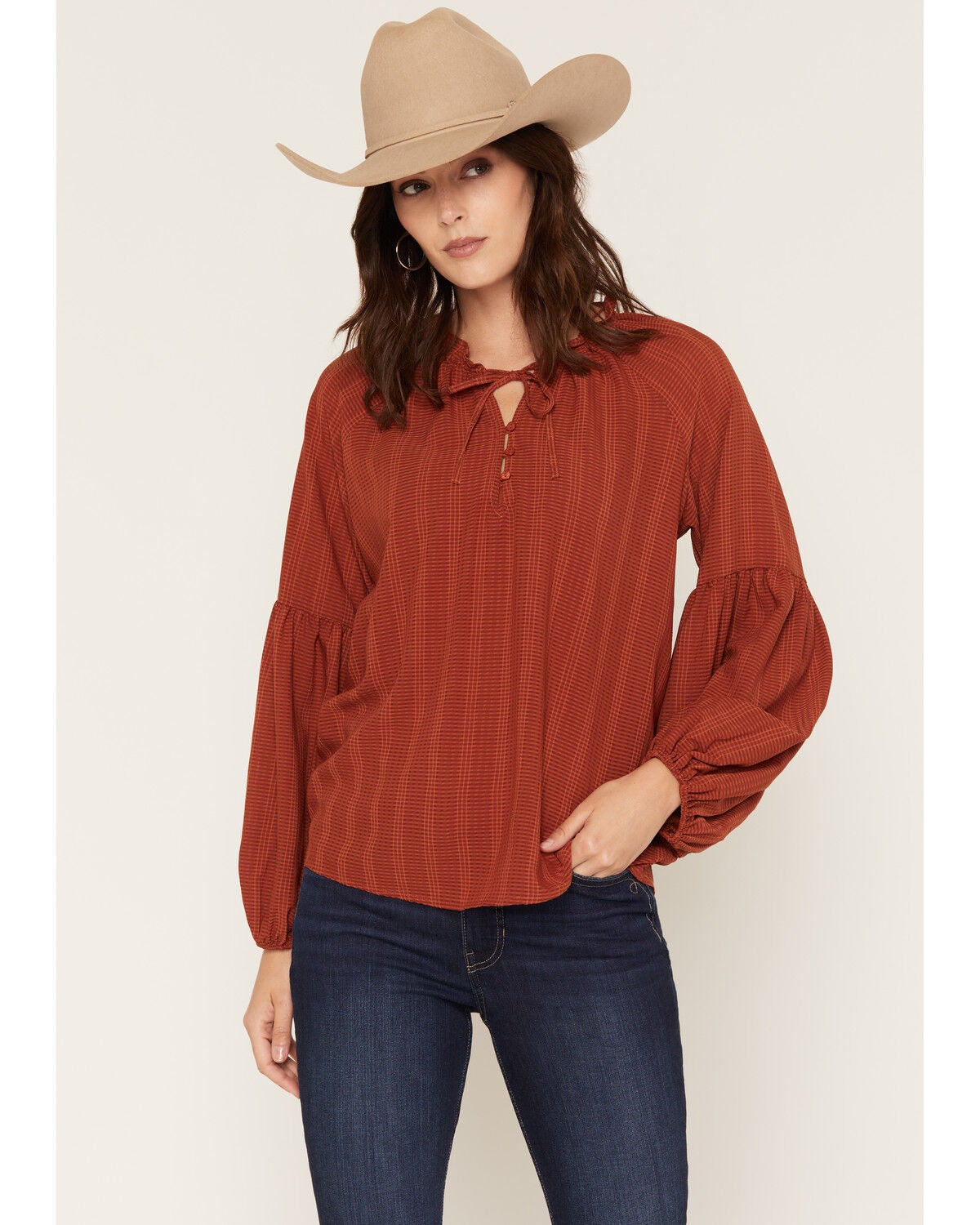 Lovestitch Women's Long Sleeve Button-Down Peasant Blouse, Rust Copper, hi-res