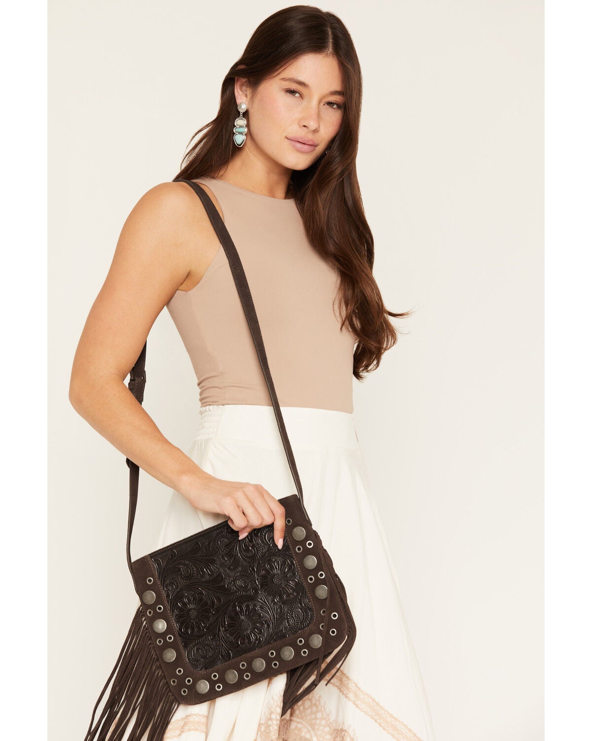 Image #1 - Shyanne Women's Briarwood Fringe Tooled Crossbody Bag, Brown, hi-res
