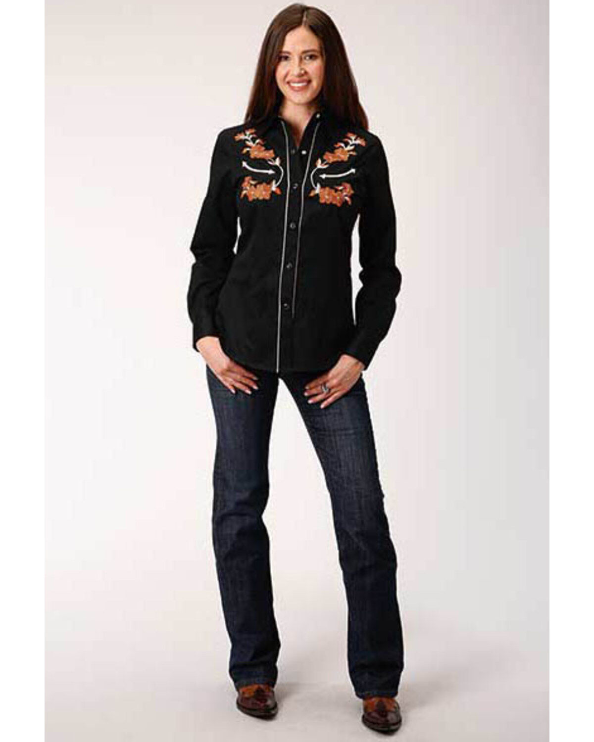 Image #3 - Old West Women's Black Brown Floral Embroidered Long Sleeve Western Shirt , , hi-res