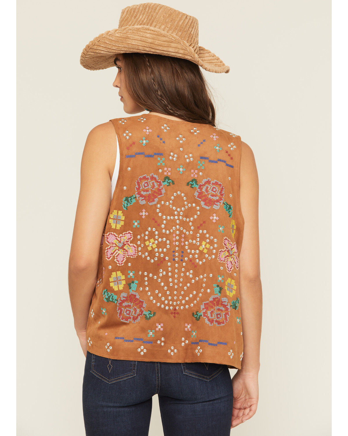 Image #4 - Fornia Women's Floral Embroidered Studded Faux Suede Vest, Camel, hi-res
