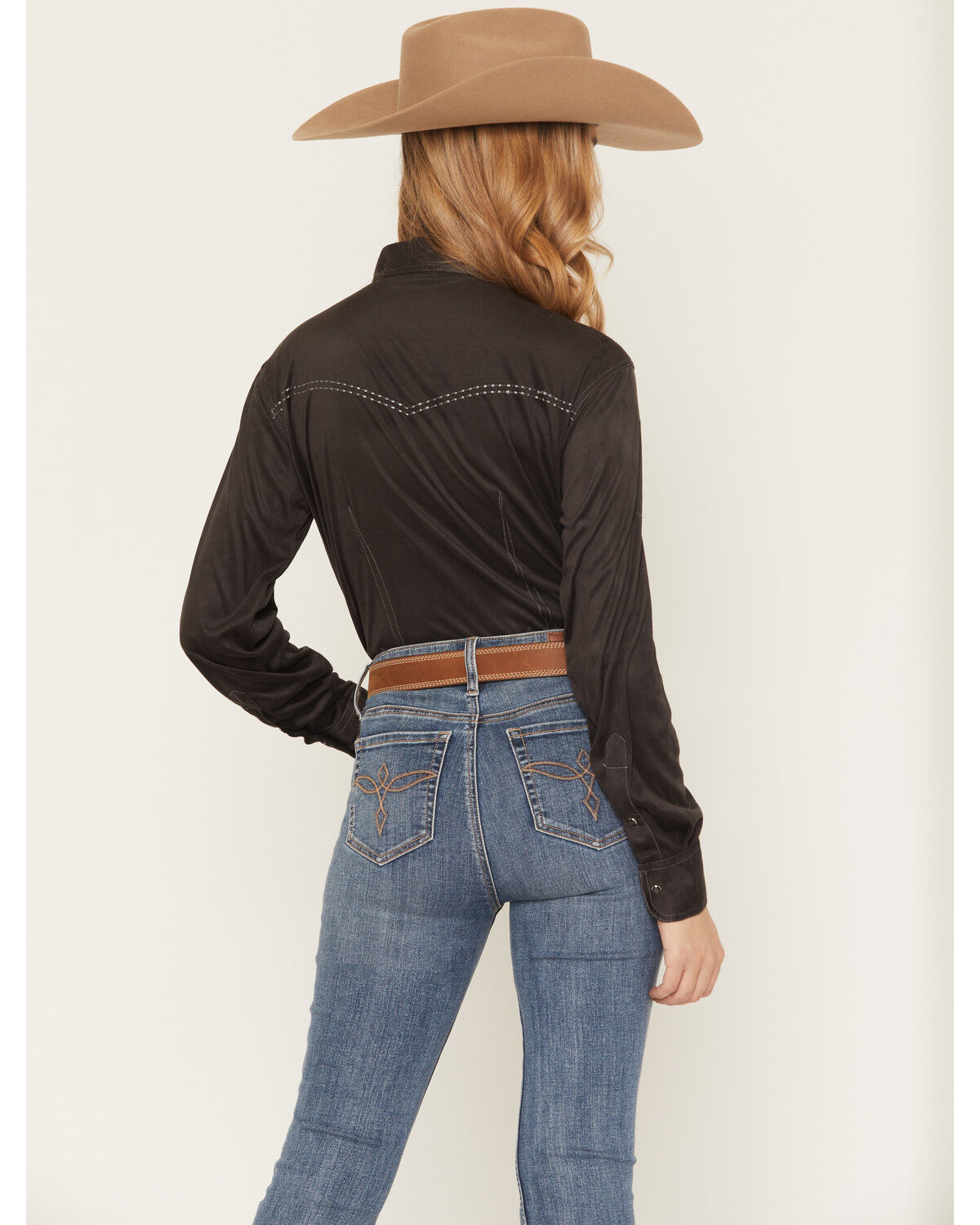 Image #4 - Cowgirl Hardware Girls' Faux Suede Long Sleeve Pearl Snap Stretch Western Shirt, Black, hi-res