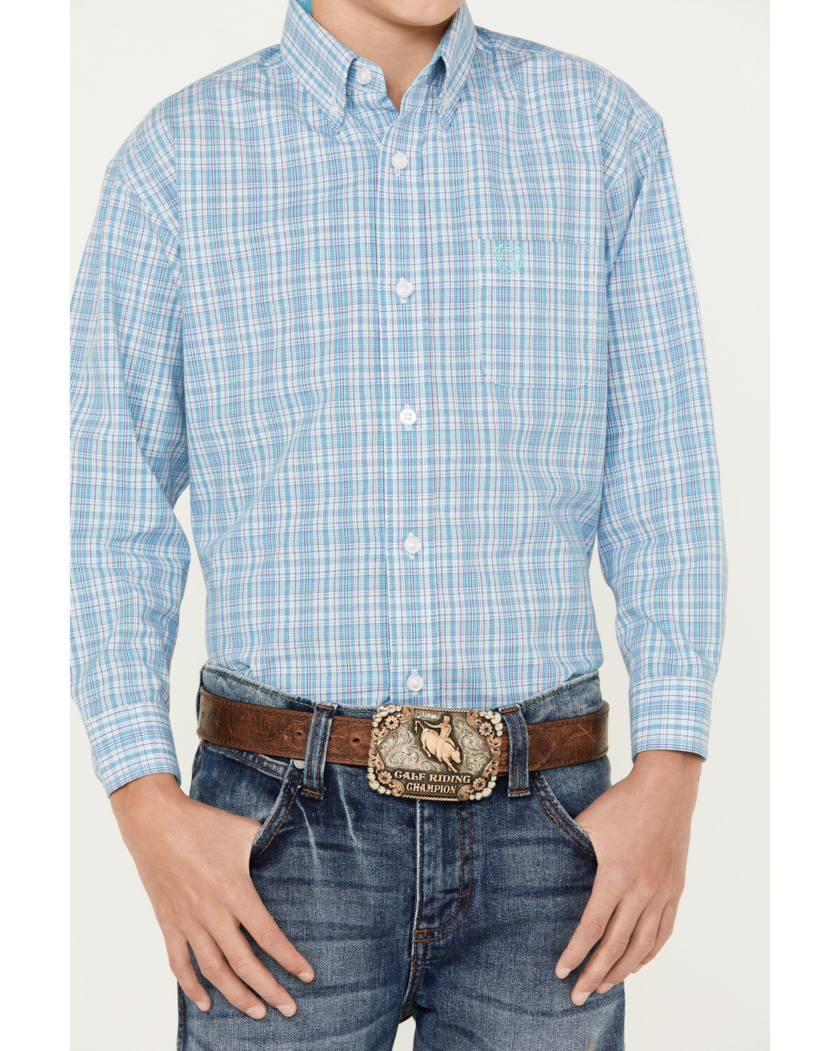 Image #3 - Panhandle Select Boys' Small Plaid Print Long Sleeve Button Down Western Shirt, Turquoise, hi-res