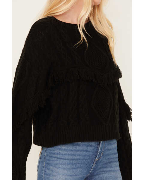 Rock & Roll Denim Women's Cable Knit Fringe Sweater, Black, hi-res