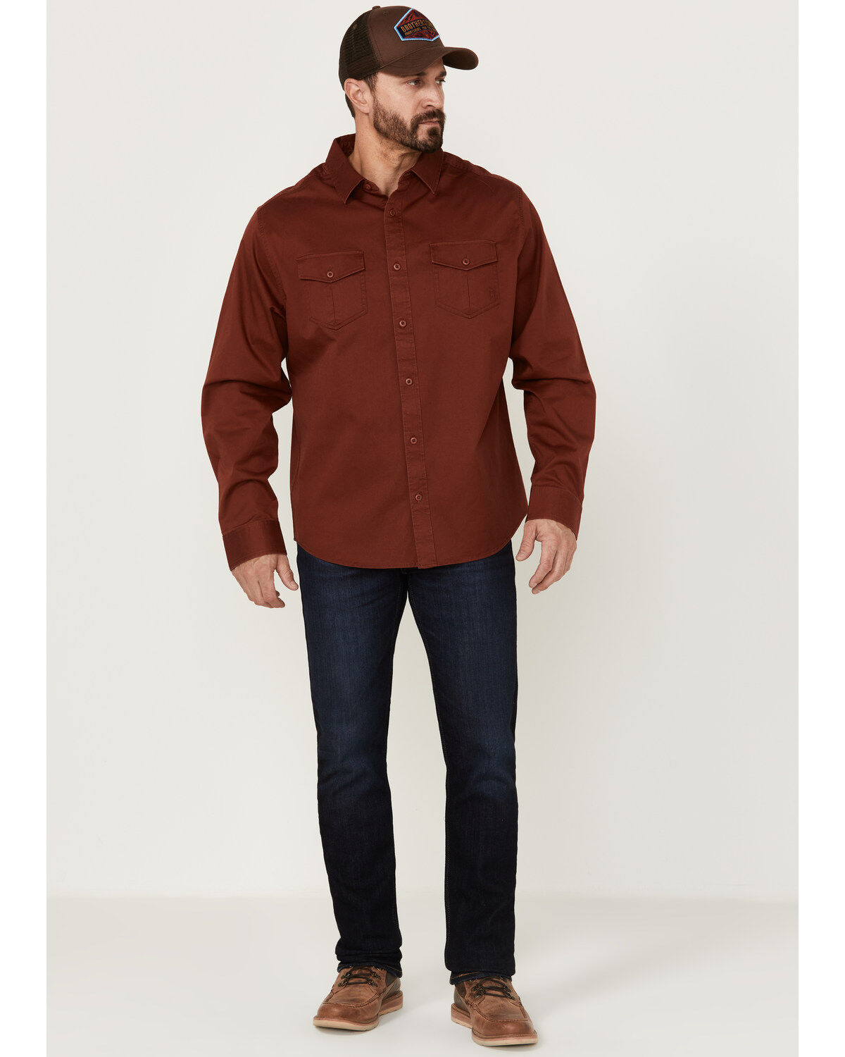 Image #3 - Brothers and Sons Men's Weathered Twill Solid Long Sleeve Button-Down Western Shirt, Red, hi-res