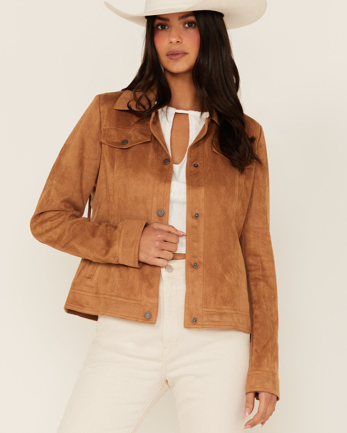 Image #1 - Fornia Women's Faux Suede Trucker Snap Jacket, , hi-res