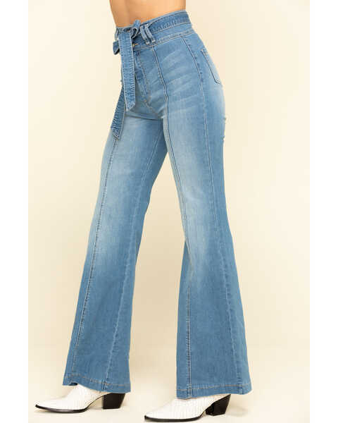 Flying Tomato Women's Denim Tie Front Flare Jeans , Blue, hi-res