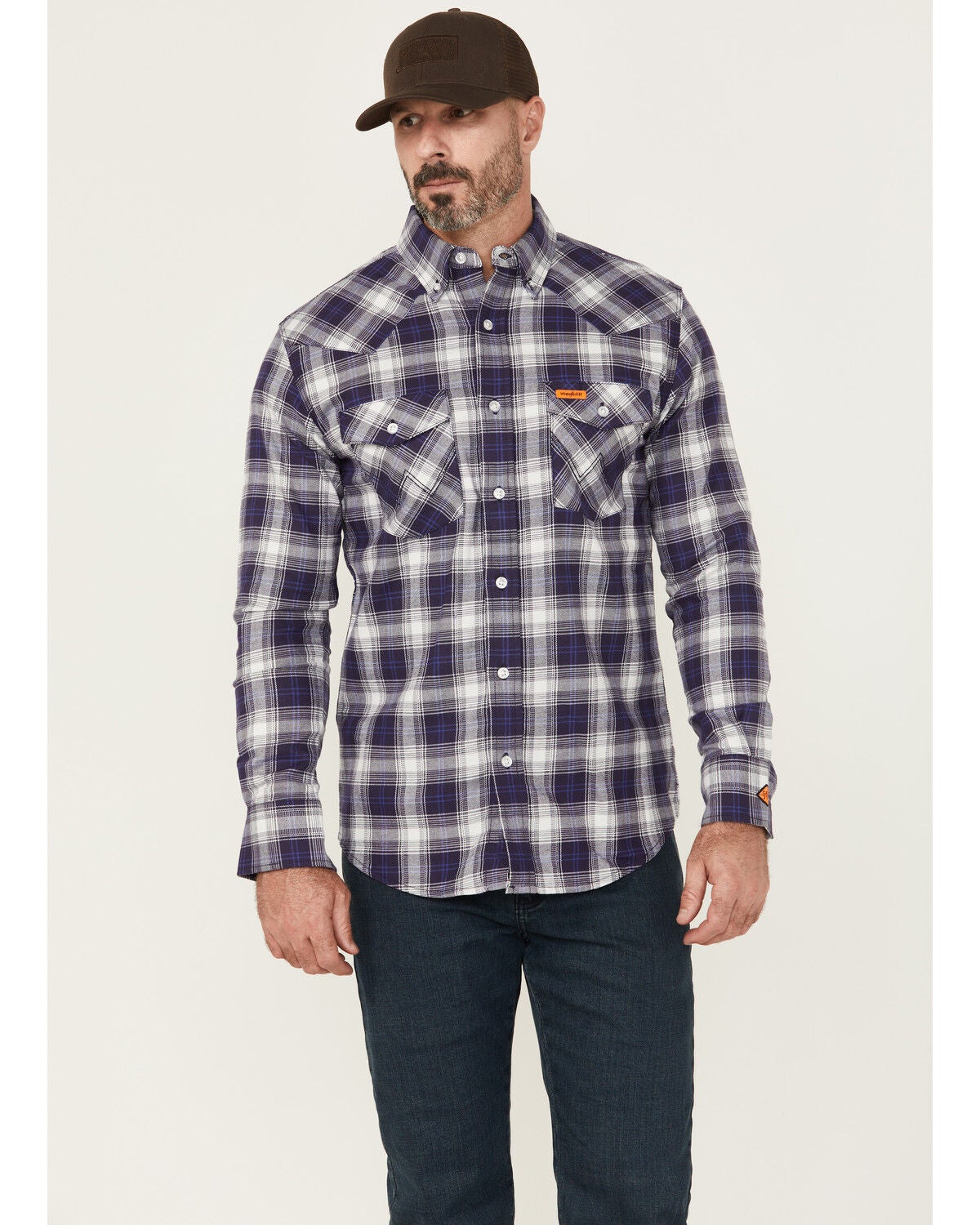 Wrangler Men's FR Plaid Print Long Sleeve Button-Down Work Shirt, Navy, hi-res