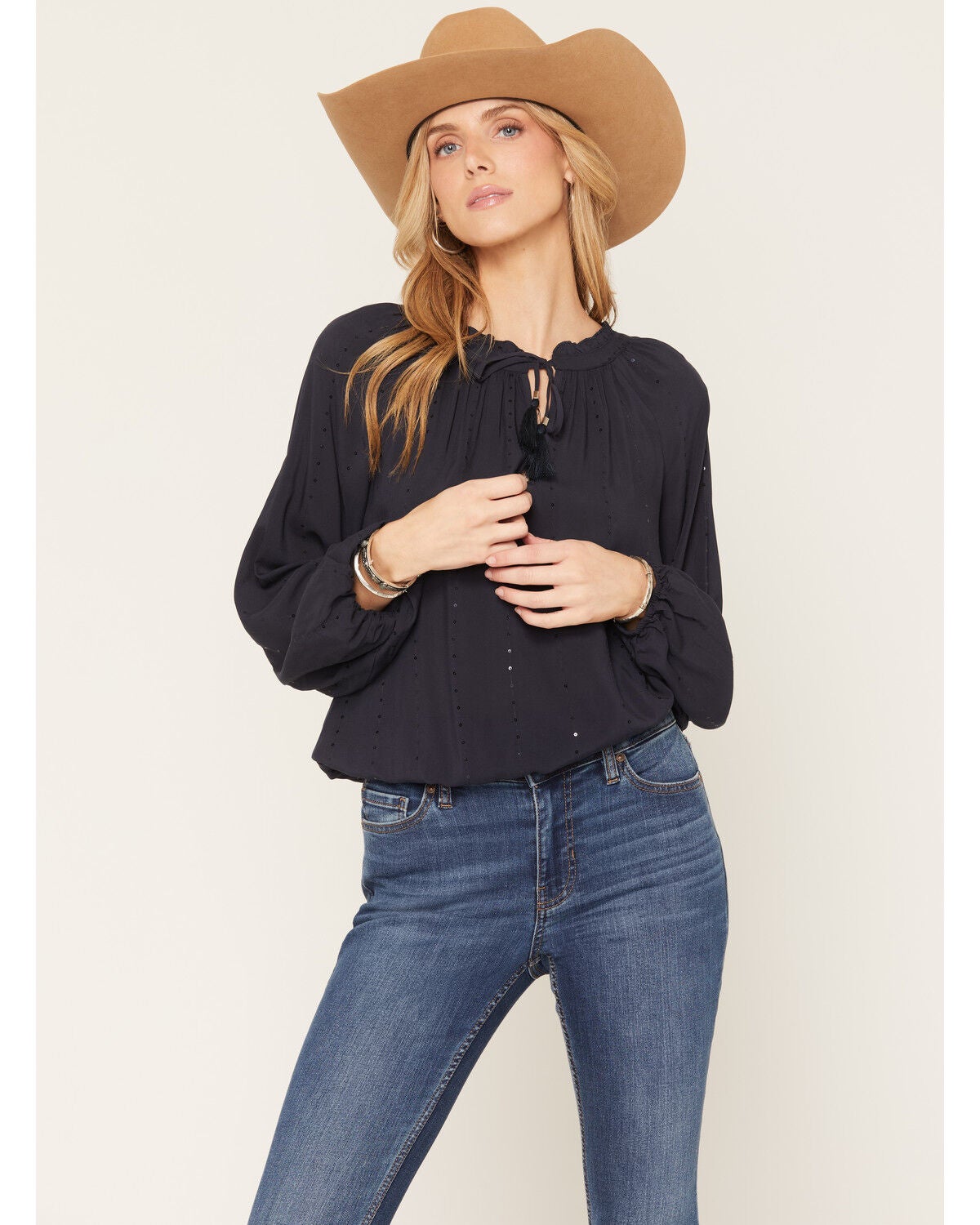 Lovestitch Women's Tonal Sequins Long Sleeve Peasant Top, Navy, hi-res