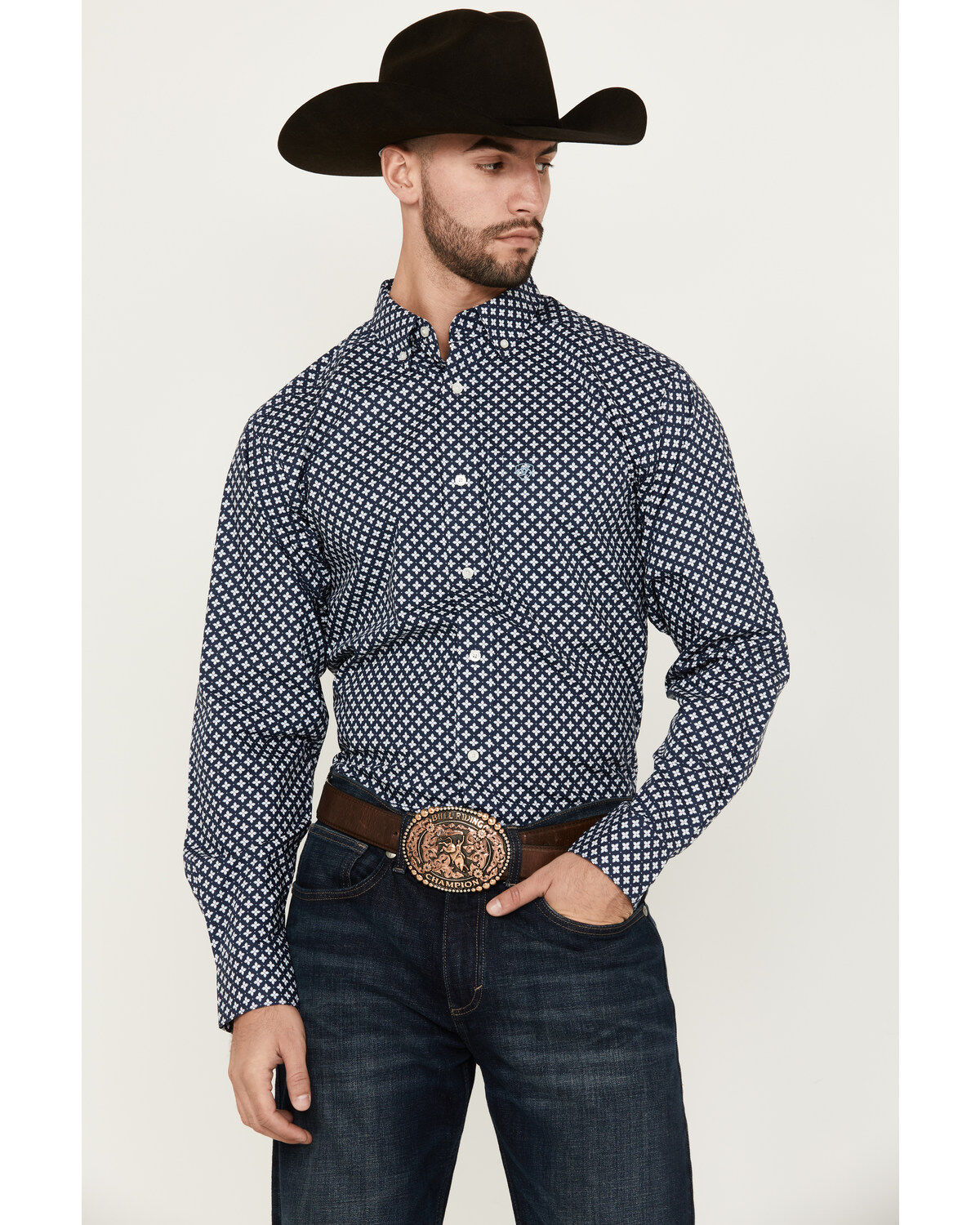 Image #1 - Ariat Men's Emile Geo Print Long Sleeve Button-Down Western Shirt, Black, hi-res