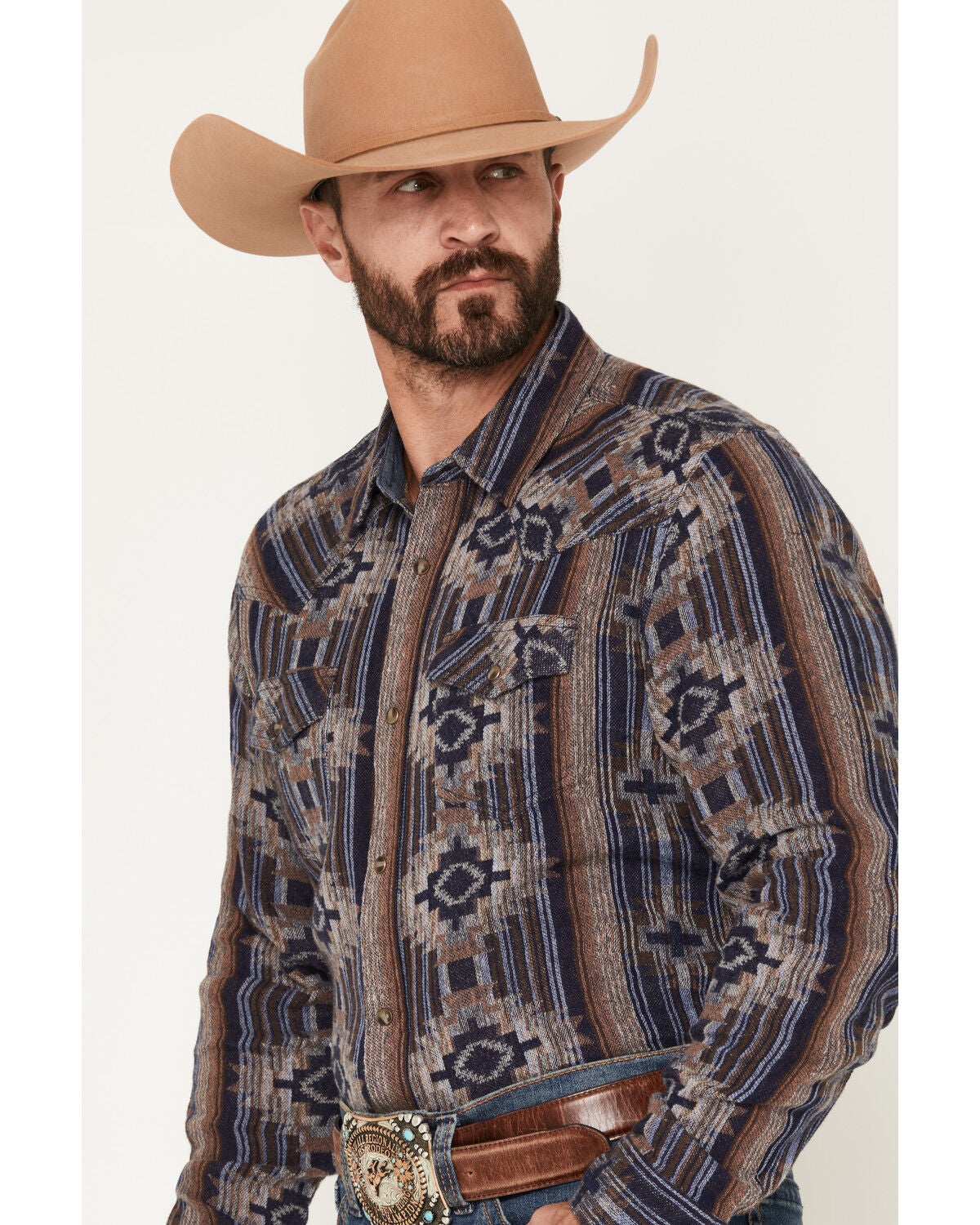 Image #2 - Cody James Men's Outpost Southwestern Print Long Sleeve Snap Flannel Shirt, Blue, hi-res
