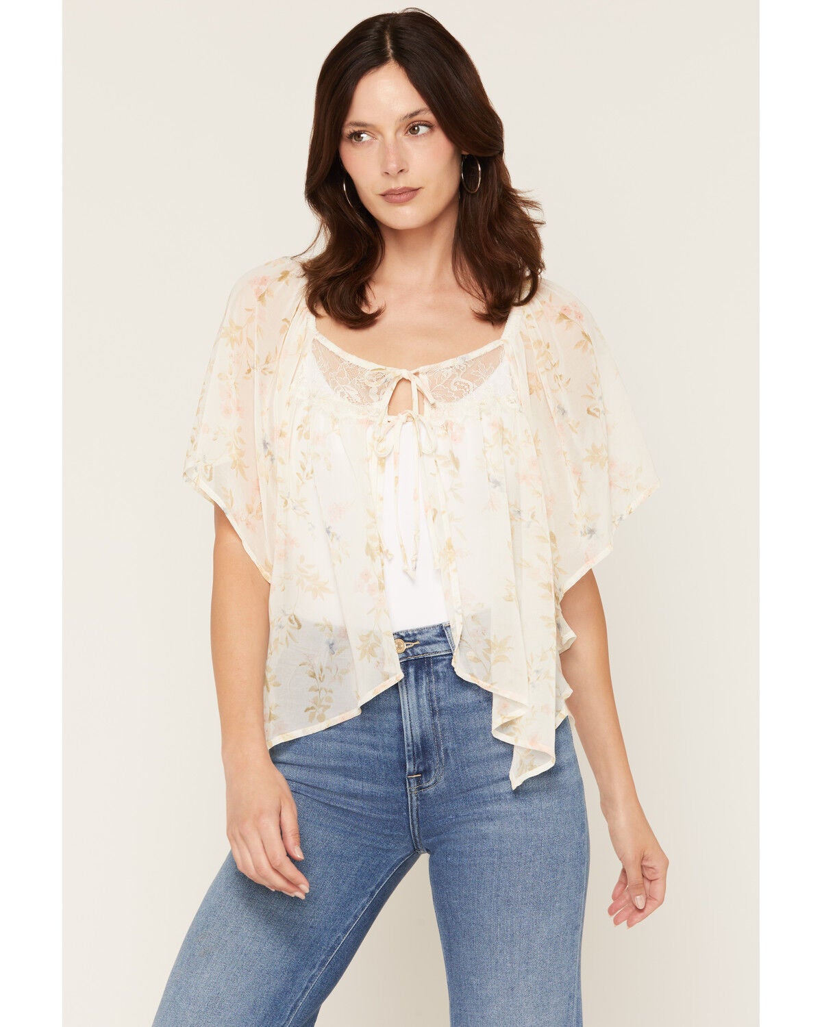 Image #1 - Wild Moss Women's Floral Print Tie-Front Blouse, Ivory, hi-res