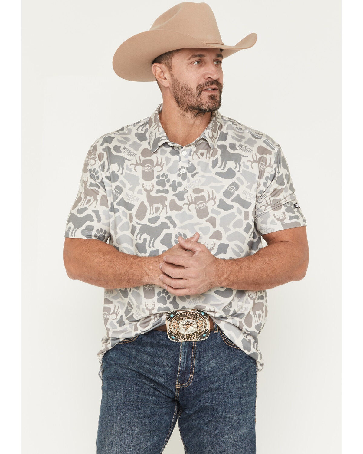 Buckwear Men's Busch Outdoors Short Sleeve Stretch Polo, Camouflage, hi-res