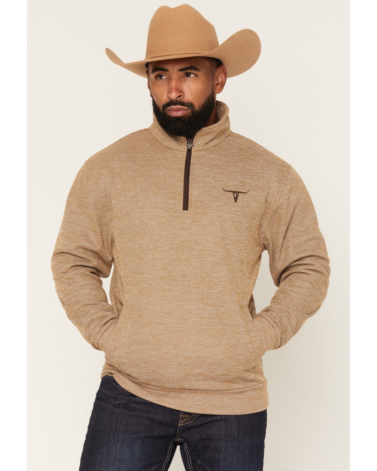Cowboy Hardware Men's Steer Head Heathered 1/4 Zip Pullover, Tan, hi-res