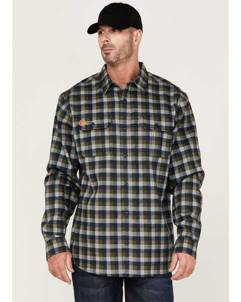 Hawx Men's FR Buffalo Plaid Print Long Sleeve Button Down Work Shirt, Navy, hi-res