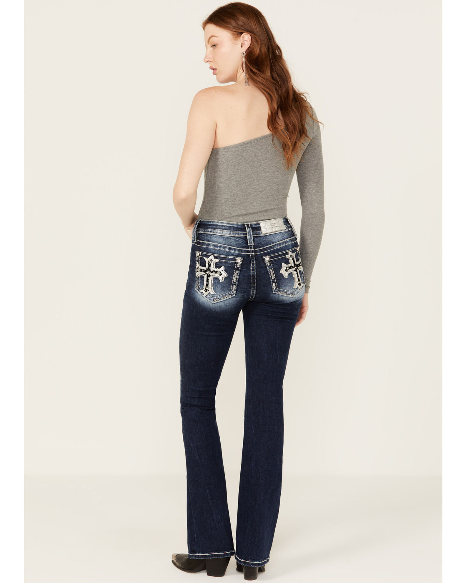 Product Name Miss Me Women s Dark Wash Mid Rise Cross Pocket Stretch Bootcut Jeans