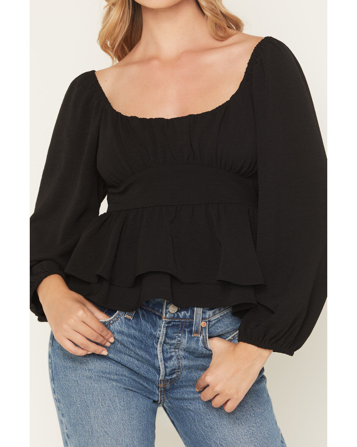 Image #3 - La La Land Women's Boot Barn Exclusive Emma Double Layer Peplum Top, Black, hi-res