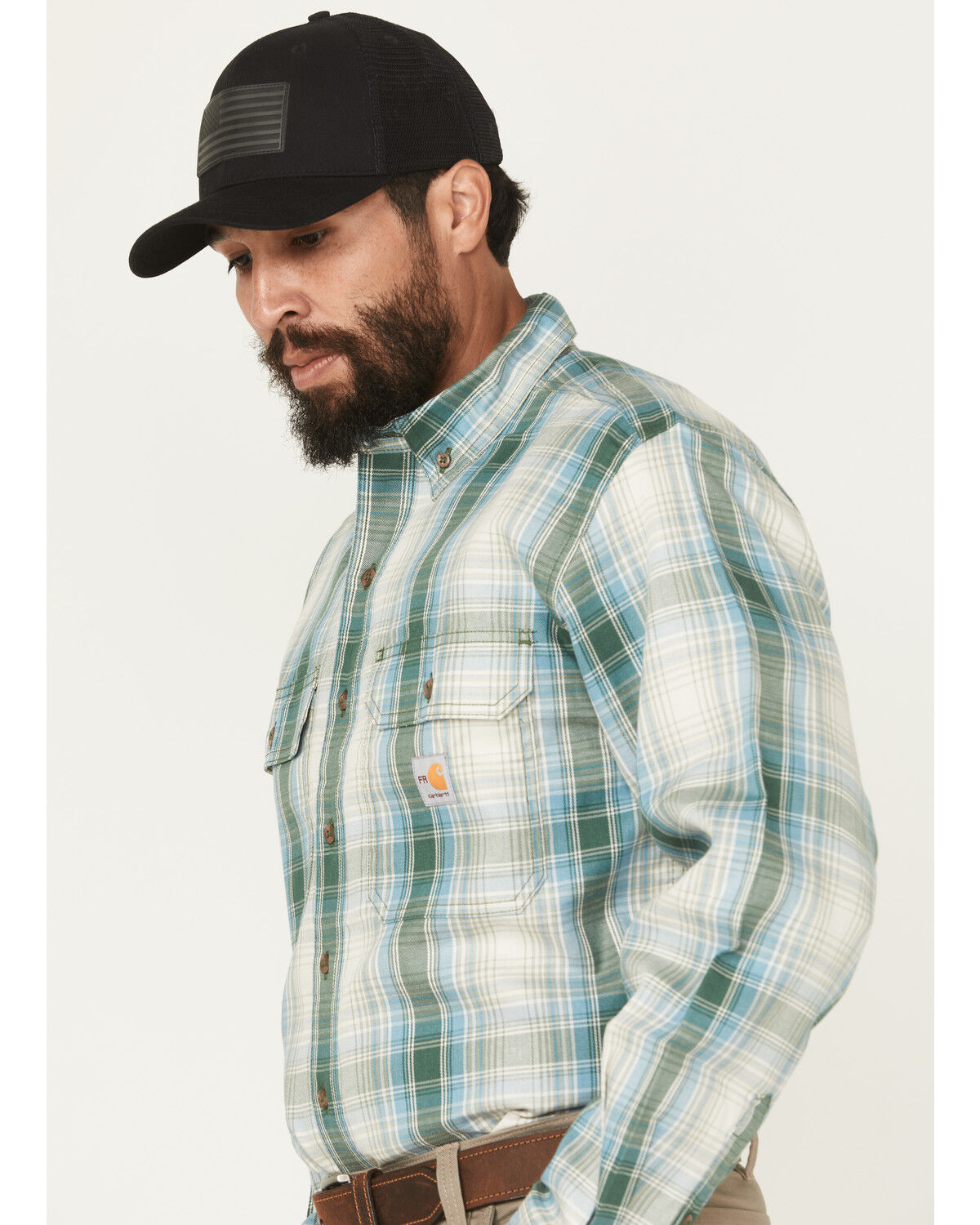 Image #2 - Carhart Men's FR Force Rugged Flex® Loose Fit Midweight Plaid Print Long Sleeve Button-Down Work Shirt, Blue, hi-res