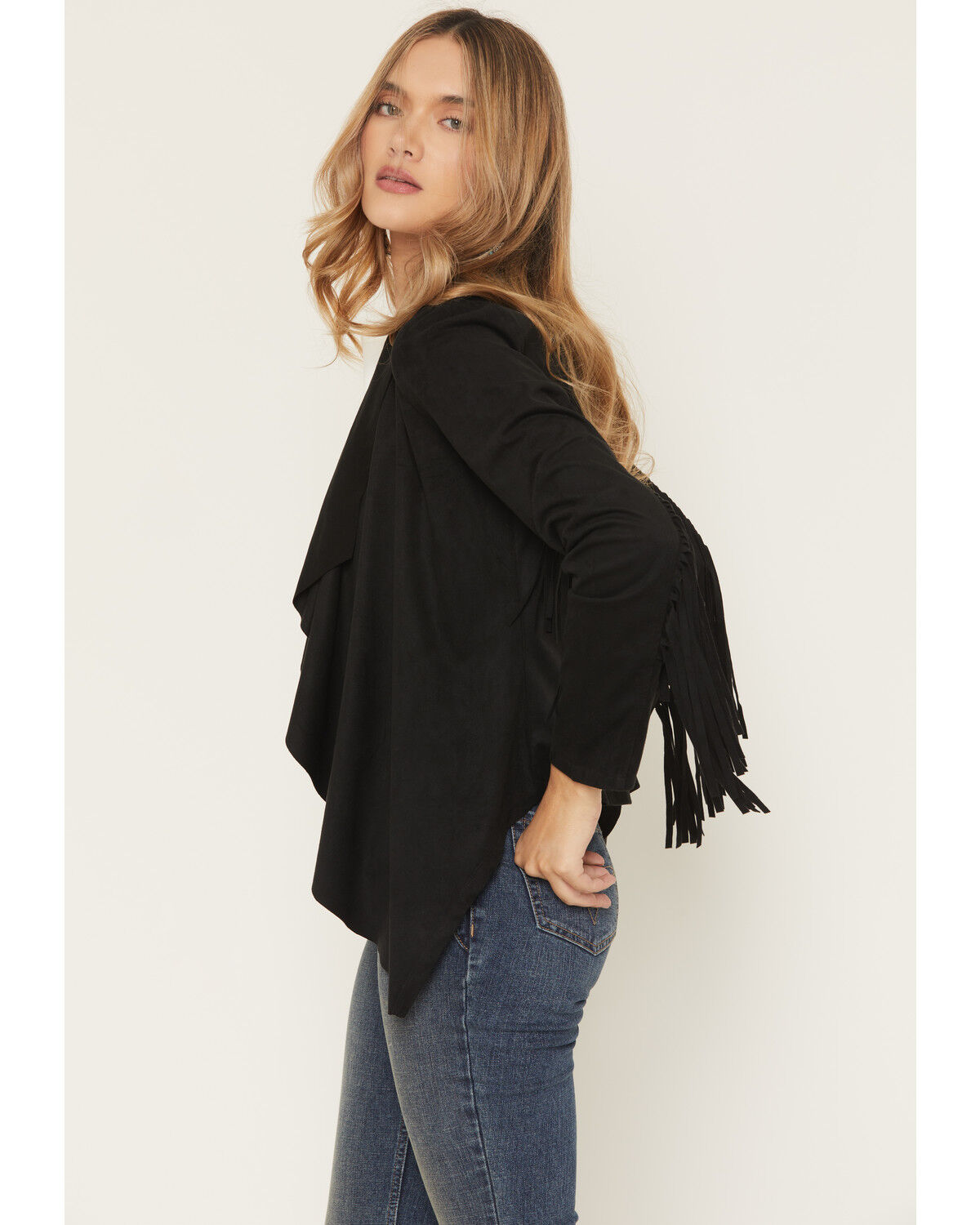 Image #2 - Shyanne Women's Cascade Front Fringe Faux Suede Fringe Jacket, Black, hi-res