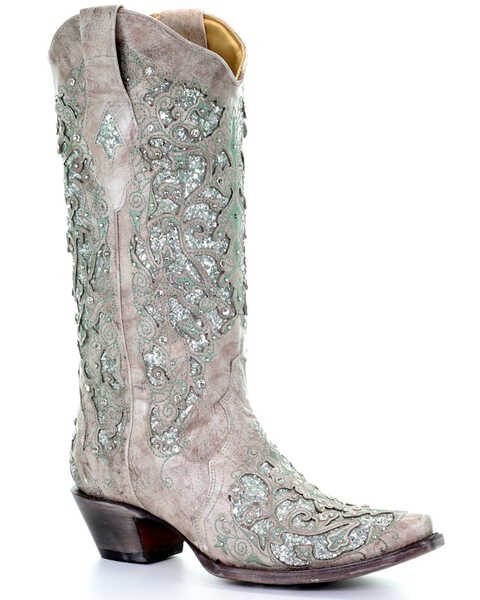 Image #1 - Corral Women's Glitter Inlay and Crystals Western Boots, White, hi-res