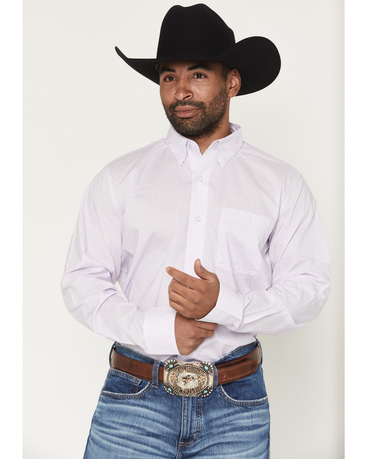 Wrangler X Cody Johnson Men's Geo Print Long Sleeve Button-Down Western Shirt, Light Purple, hi-res