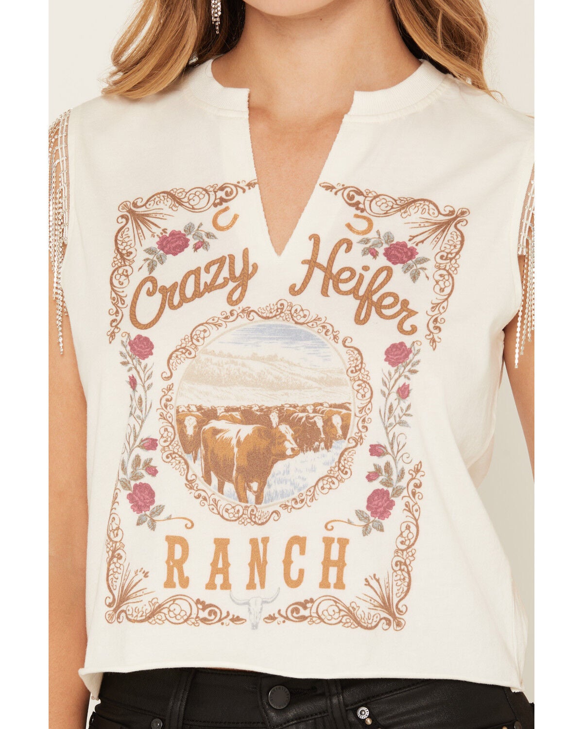 Image #3 - Idyllwind Women's Crazy Heifer Ranch Fringe Graphic Tank Top, Ivory, hi-res