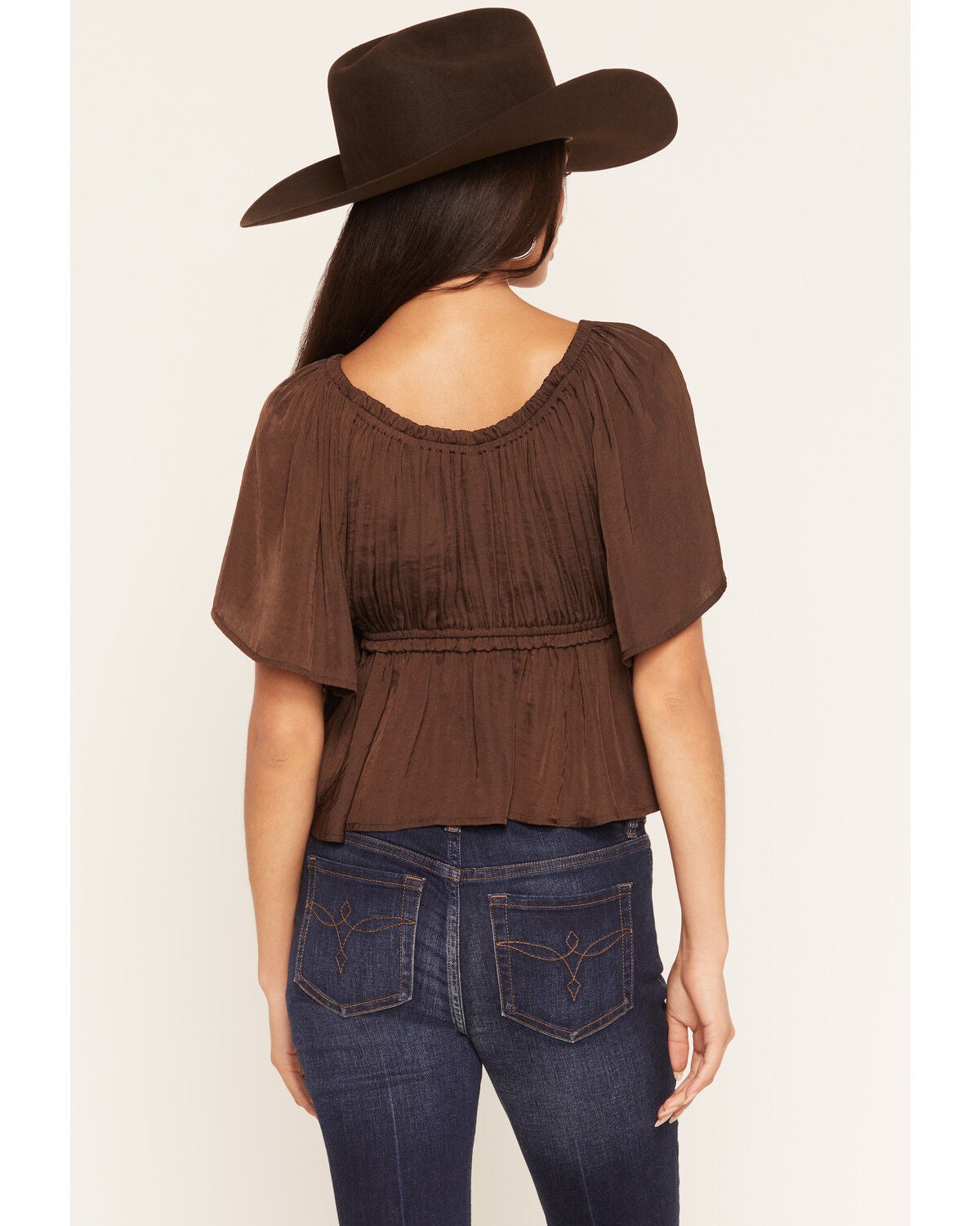Image #4 - Shyanne Women's Hailey Satin Flounce Short Sleeve Peasant Blouse, Cognac, hi-res