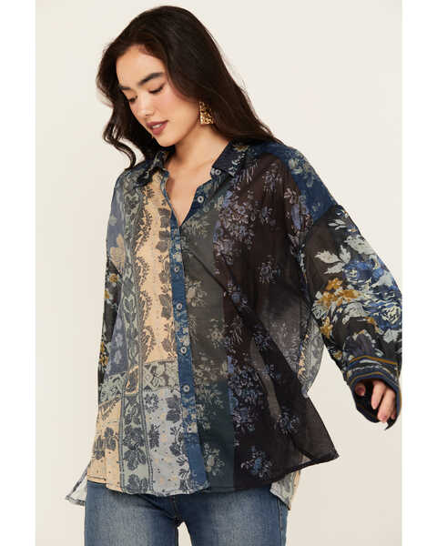 Free People Women's Flower Patch Long Sleeve Button-Down Blouse, Indigo, hi-res