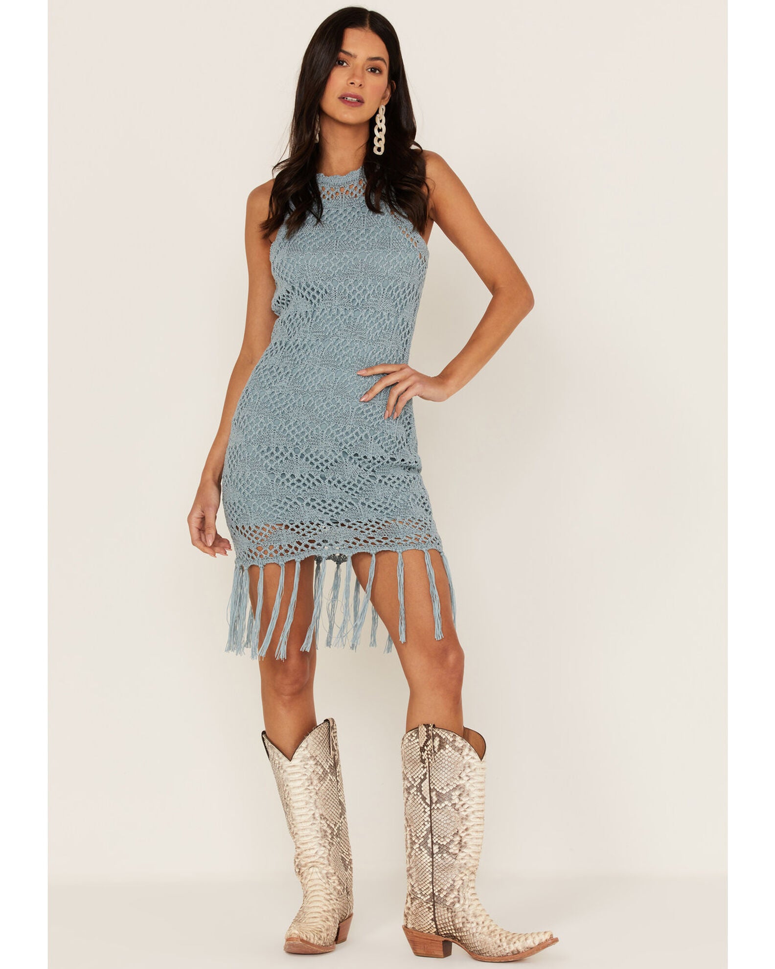 Product Name Shyanne Women's Yarn Crochet Fringe Trim Midi Dress