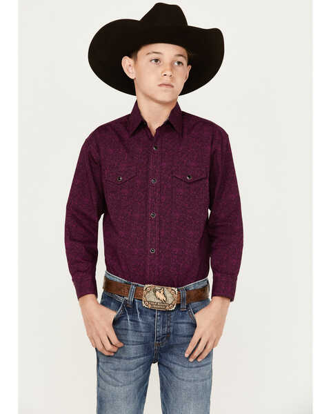 Panhandle Boys' Geo Print Long Sleeve Snap Western Shirt, Maroon, hi-res
