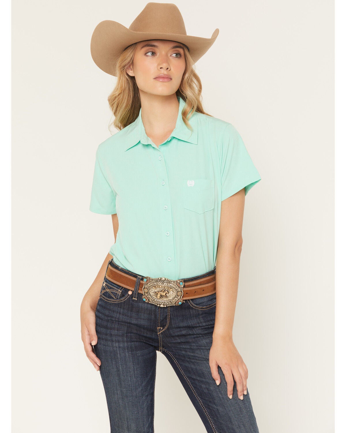 Cinch Women's Solid ArenaFlex Short Sleeve Button-Down Stretch Western Shirt, Green, hi-res