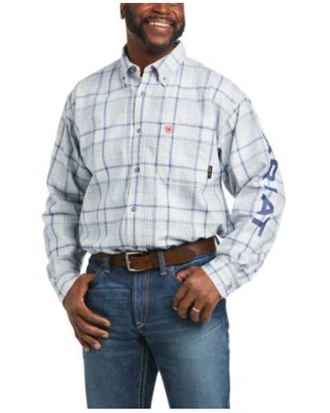 Ariat Men's FR Sawyer Logo Plaid Print Long Sleeve Button Down Work Shirt - Tall , Multi, hi-res