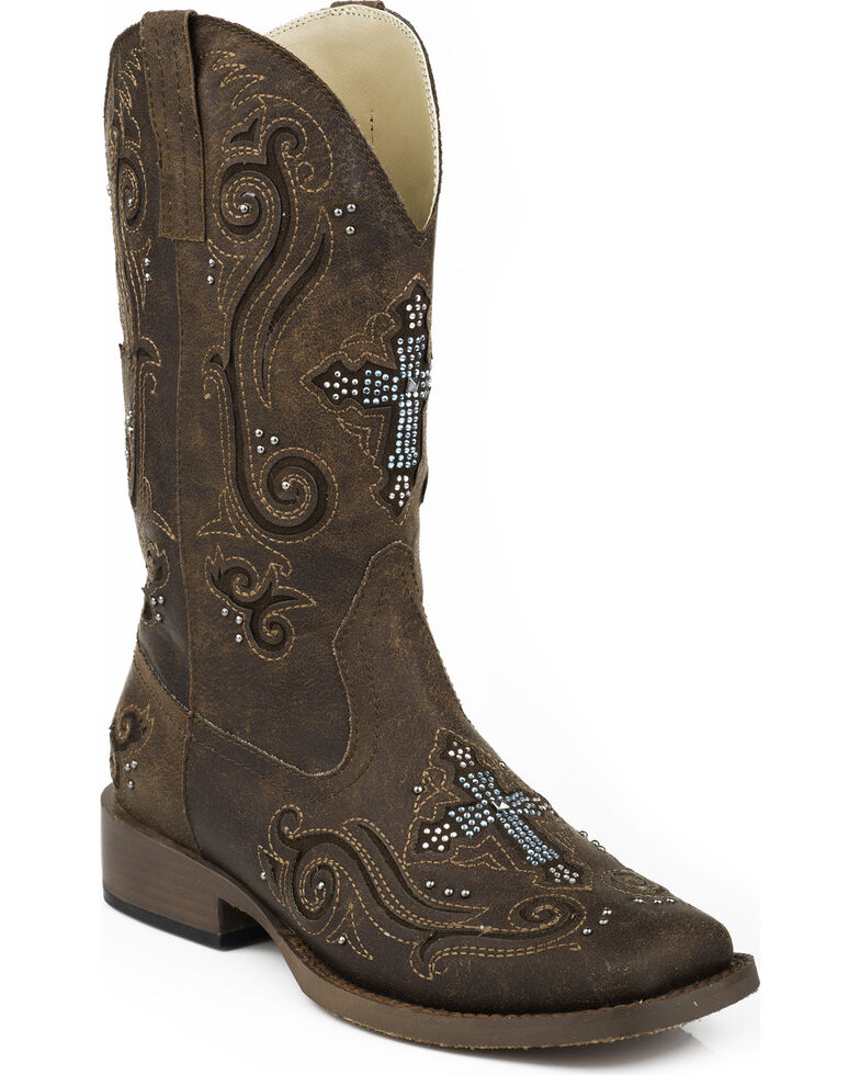 Roper Women's Bling Crystal Cross Faux Leather Western Boots, Brown, hi-res