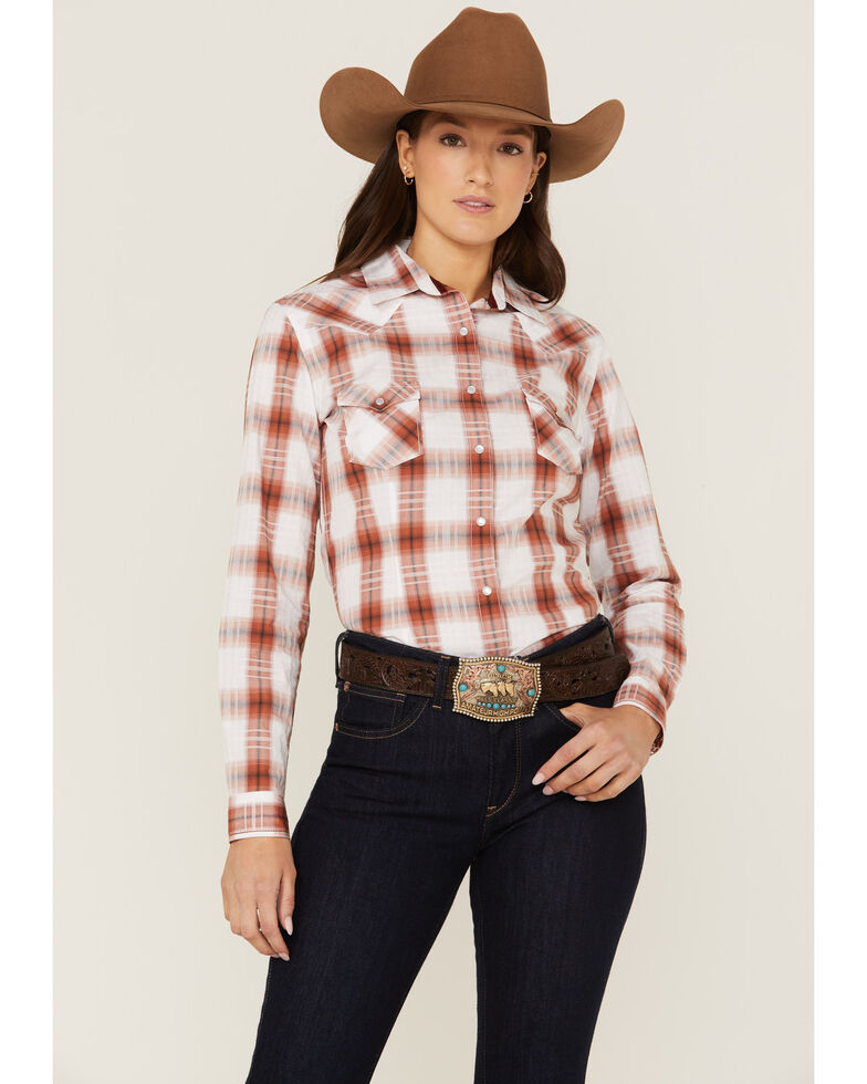 Panhandle Women's Dobby Plaid Western Snap Shirt, Red, hi-res