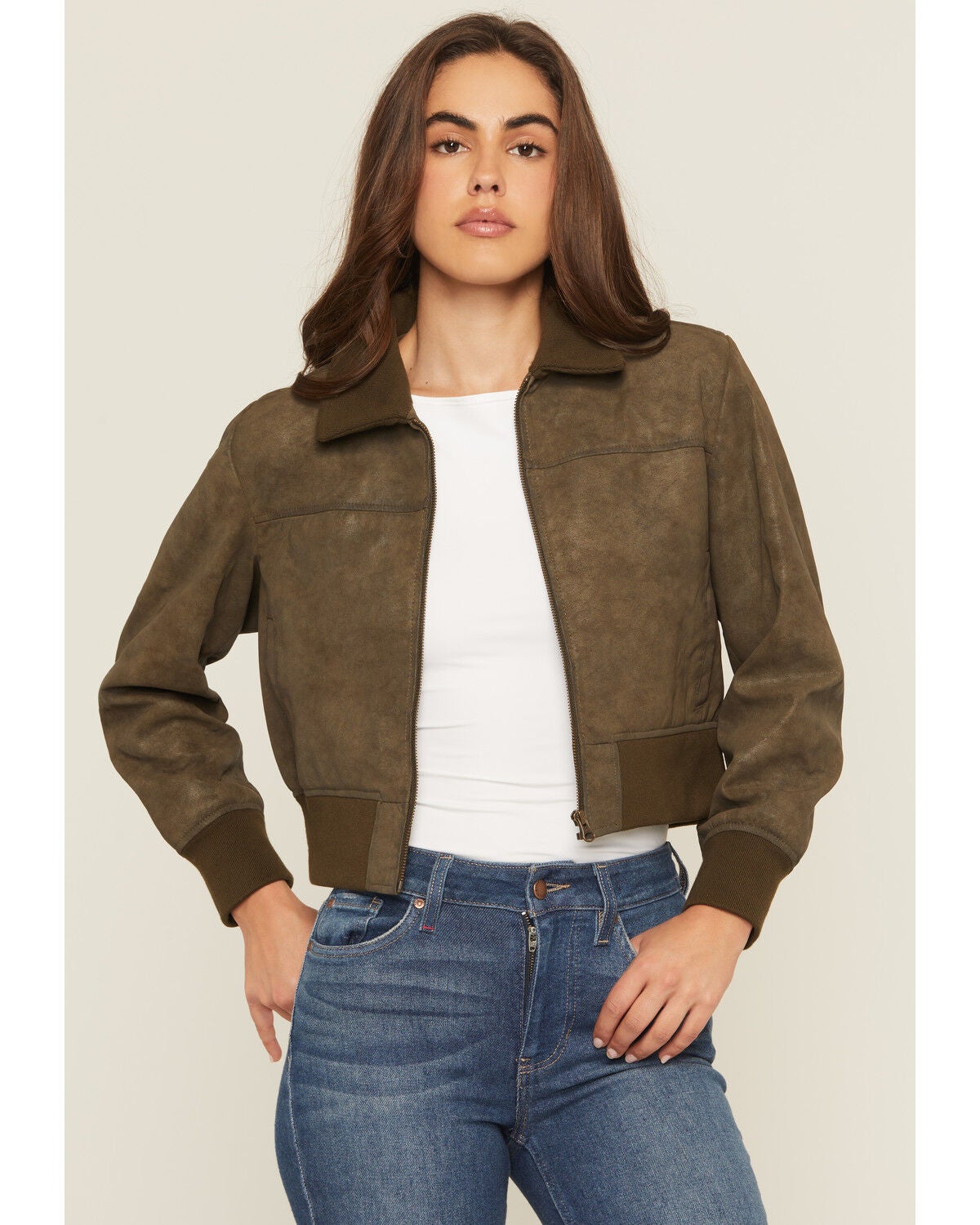 Cleo + Wolf Women's Washed Faux Leather Bomber Jacket, Hunter Green, hi-res