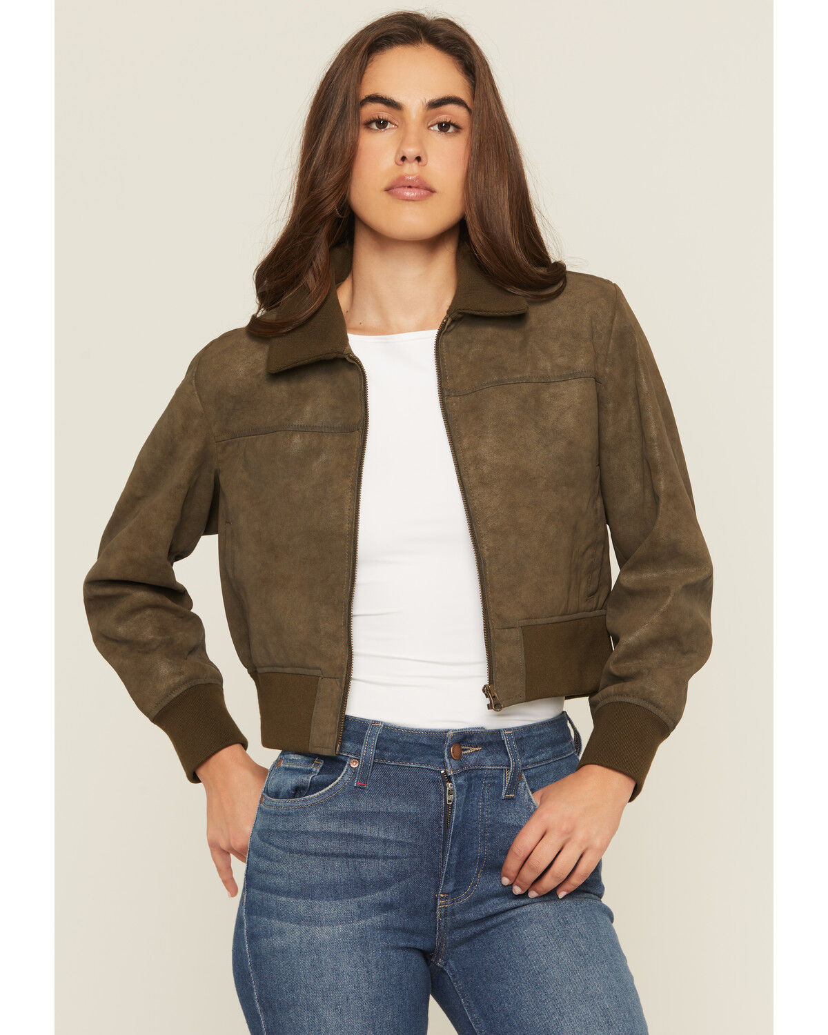 Image #1 - Cleo + Wolf Women's Washed Faux Leather Bomber Jacket, Hunter Green, hi-res